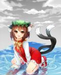  1girl animal_ears brown_hair cat_ears cat_tail chen clouds earrings hat ibarashiro_natou jewelry kneeling looking_at_viewer orange_eyes ribbon shoes short_hair solo splashing tail tongue tongue_out touhou water 