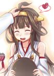  1girl admiral_(kantai_collection) ahoge bare_shoulders blush brown_hair chocolate closed_eyes detached_sleeves double_bun hair_ornament hairband hasaya123 heart highres japanese_clothes kantai_collection kongou_(kantai_collection) long_hair nontraditional_miko open_mouth personification petting skirt smile solo_focus 