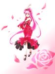  1girl aino_megumi alternate_form cherry_flamenco choker cure_lovely dancing detached_sleeves dress earrings flower hair_flower hair_ornament happinesscharge_precure! haruhi_(pixiv) jewelry long_hair magical_girl petals pink_eyes pink_hair ponytail precure red_dress red_rose rose shoes smile solo 