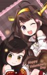  2girls :3 ahoge ahri animal_ears black_hair brown_hair chocolate chocolate_heart crossover detached_sleeves fox_ears hairband heart heart-shaped_pupils ilris japanese_clothes kantai_collection kongou_(kantai_collection) league_of_legends long_hair looking_at_viewer multiple_girls open_mouth personification sleeves_past_wrists symbol-shaped_pupils valentine violet_eyes wink yellow_eyes 