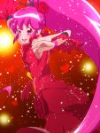  1girl aino_megumi alternate_form cherry_flamenco cure_lovely dancing detached_sleeves dress flower hair_flower hair_ornament happinesscharge_precure! heart long_hair magical_girl pink_eyes pink_hair ponytail precure red red_background red_dress red_rose rose solo tj-type1 