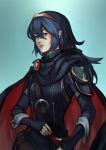  1girl 34_(hakunimu) armor cape fingerless_gloves fire_emblem fire_emblem:_kakusei gloves hairband hand_on_hilt lipstick lucina makeup nose pauldrons solo 