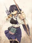  1girl armor arrow bow_(weapon) brown_eyes brown_hair gloves japanese_clothes kaga_(kantai_collection) kantai_collection looking_at_viewer muneate personification ponytail quiver side_ponytail solo thighhighs tomozo_kaoru weapon 