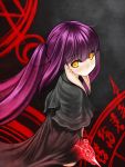  1girl apple_grant capelet character_request highres long_hair looking_over_shoulder magic_circle pointy_ears purple_hair solo twintails very_long_hair yellow_eyes 