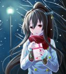 1girl alternate_costume blush box breasts brown_hair casual cat chocolate fingerless_gloves gloves hair_ornament highres kantai_collection lamp light long_hair personification ponytail radar red_eyes reido_(raid_zero) road smile snowing solo street valentine yamato_(kantai_collection) 
