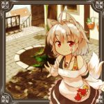  1girl alternate_costume animal_ears exrail frame highres inubashiri_momiji jewelry looking_at_viewer necklace off_shoulder red_eyes shirt silver_hair skirt smile solo tail touhou town tree wolf_ears wolf_tail 