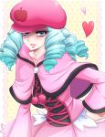  1girl blue_eyes blue_hair dress hand_on_hip happinesscharge_precure! hat heart highres hosshiwa kiraki pink_dress pom_pom_(clothes) precure ringlets shawl short_hair smile solo 