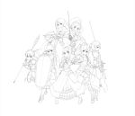  6+girls apple_grant armor armored_dress bow_(weapon) character_request club crossbow faulds fighting_stance gauntlets greaves helmet highres knight lineart long_hair medieval monochrome multiple_girls polearm quad_drills rapier shield smile spear spiked_club sword twintails warhammer weapon winged_helmet 