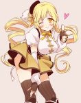  1girl beret blonde_hair boots detached_sleeves drill_hair foreshortening hat heart knee_boots leaning_forward long_hair mahou_shoujo_madoka_magica pointing smile solo thighhighs tomoe_mami twin_drills very_long_hair wink yellow_eyes yutsumoe zettai_ryouiki 
