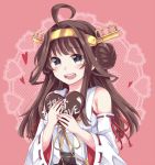  1girl bare_shoulders black_eyes blush box brown_hair chocolate detached_sleeves double_bun emilion hair_ornament hairband headgear japanese_clothes kantai_collection kongou_(kantai_collection) long_hair nontraditional_miko open_mouth personification pink_background skirt smile solo valentine 