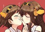  absurdres bare_shoulders brown_hair closed_eyes covering_mouth detached_sleeves engiyoshi hairband hiei_(kantai_collection) highres incipient_kiss japanese_clothes kantai_collection kiss_on_hand kongou_(kantai_collection) long_hair multiple_girls personification short_hair 