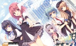  5girls absurdres blue_eyes blue_hair breasts brown_hair dengeki_hime dutch_angle flower fujigasaki_mea gate hazumi_rio heterochromia highres huge_filesize kirisame_yuu kokuyou_ran konohanamiya_kotoya lavender_hair multiple_girls outstretched_hand pink_eyes pink_hair purple_rose rose school_uniform shiina_tyris_eluard sora_tobu_hitsuji_to_manatsu_no_hana takano_yuki tanihara_natsuki violet_eyes yellow_eyes 