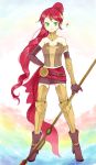 1girl boots breasts chiduru cleavage diamond_(symbol) earrings elbow_gloves gloves greaves green_eyes highres jewelry long_hair polearm ponytail pyrrha_nikos redhead rwby skirt solo sparkle spear weapon 