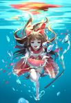 1girl adapted_costume breasts brown_hair bubble cleavage detached_sleeves dress food fruit gohei greetload hair_bun hair_tubes hakurei_reimu long_hair looking_at_viewer open_mouth outstretched_arms pink_eyes red_dress smile solo strapless_dress thighhighs touhou underwater watermelon white_legwear zettai_ryouiki 