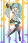  1girl aqua_eyes aqua_hair arm_up armpits boots detached_sleeves hatsune_miku headset highres long_hair necktie outstretched_arm rolua skirt smile solo thigh_boots thighhighs twintails vocaloid 