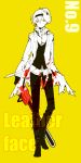  1boy bookcage chainsaw kagerou_project konoha_(kagerou_project) leatherface leatherface_(cosplay) long_hair mask red_eyes short_ponytail the_texas_chainsaw_massacre 