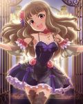  1girl :d armpits bangs bare_shoulders black_legwear blunt_bangs border bow brown_hair choker cowboy_shot crossed_legs detached_sleeves dress eyebrows eyeshadow flower frilled_dress frills hair_flower hair_ornament head_tilt idolmaster idolmaster_cinderella_girls jewelry jpeg_artifacts kamiya_nao lolita_fashion long_hair looking_at_viewer makeup official_art open_mouth outstretched_arms red_eyes ribbon rose see-through short_dress smile solo spread_arms standing star thighhighs wavy_hair zettai_ryouiki 