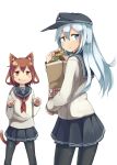  &gt;:) 2girls :q animal_ears blackdog_(pixiv) blue_eyes brown_eyes brown_hair cat_ears cat_tail doughnut hat hibiki_(kantai_collection) ikazuchi_(kantai_collection) kantai_collection long_hair multiple_girls personification school_uniform serafuku short_hair silver_hair tail tongue white_background 