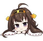  1girl :3 ahoge brown_hair chibi hairband ilris japanese_clothes kantai_collection kongou_(kantai_collection) looking_at_viewer lowres lying personification solo violet_eyes wide_sleeves 