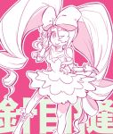  1girl bare_shoulders boots bow dress drill_hair earrings eyepatch flyingboy hair_bow harime_nui jewelry kill_la_kill monochrome shoulderless_dress smile solo tongue tongue_out twin_drills twintails 