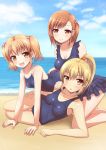  3girls beach blonde_hair blush brown_eyes brown_hair kk-sk-ray long_hair multiple_girls one-piece_swimsuit one_side_up open_mouth original ponytail short_hair sky smile swimsuit twintails water 