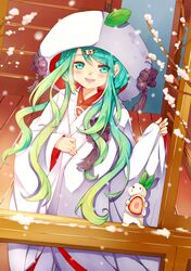  1girl dutch_angle green_eyes green_hair hair_ornament hatsune_miku highres japanese_clothes kimono kumamomoko leaf long_hair open_mouth snow_bunny solo uchikake vocaloid yuki_miku 