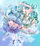  2girls alternate_form ballerina blue_background blue_eyes blue_hair blue_skirt bow crossed_legs cure_princess dual_persona earrings flower frills green_skirt hair_bun hair_flower hair_ornament happinesscharge_precure! jewelry long_hair macadamia_hula_dance magical_girl mirrrrr multiple_girls pantyhose precure sherbet_ballet shirayuki_hime shoes shoulderless_dress skirt smile twintails white_legwear wrist_cuffs 