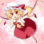  1girl ascot blonde_hair dress flandre_scarlet heart looking_at_viewer ominaeshi_(takenoko) open_mouth pink_eyes puffy_sleeves red_dress shirt short_sleeves side_ponytail smile solo touhou wings 
