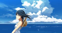  1girl blue_sky closed_eyes clouds dress hat hat_removed headwear_removed horizon long_hair ocean original setsuo_(chohonsoku) sky strapless_dress sun_hat sundress white_dress wind_lift 