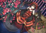  1girl bare_shoulders black_hair breasts cleavage clock clock_eyes date_a_live dress flower greetload hairband heterochromia lolita_fashion lolita_hairband long_hair looking_at_viewer open_mouth red_eyes rose smile solo swing tokisaki_kurumi twintails yellow_eyes 