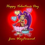  blue_eyes breasts candy candy_heart cupcake dark_skin earrings english eyelashes jewelry long_hair navel official_art pointy_ears ponytail purple_hair red_background shantae shantae:_half-genie_hero shantae_(character) sitting smile tagme valentine 