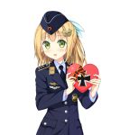  1girl badge blonde_hair blush bow buttons epaulettes garrison_cap green_eyes hair_bow hair_ornament hairpin hat heart highres iron_cross long_hair looking_at_viewer military military_uniform necktie original phanc pilot simple_background soldier solo uniform valentine white_background 
