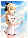  1girl blonde_hair blue_eyes blue_sky bow clouds dmy-gfx dress flower hair_bow half-closed_eyes katawa_shoujo light_smile lily_(flower) long_hair object_namesake petals satou_lilly sky solo sundress white_dress 