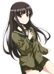  1girl bangs black_hair blunt_bangs hair_down highres kantai_collection kitakami_(kantai_collection) long_hair school_uniform skirt smile solo tom_(drpow) violet_eyes 