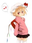  1girl alternate_costume backpack bag blonde_hair blush flandre_scarlet hat highres looking_at_viewer mantarou_(shiawase_no_aoi_tori) musical_note pointy_ears randoseru red_eyes simple_background skirt smile solo spoken_musical_note thighhighs touhou white_background white_legwear wings 