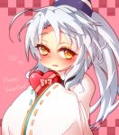  1girl blush happy_valentine hat japanese_clothes kamome kariginu long_hair long_sleeves mononobe_no_futo ponytail short_hair silver_hair sleeves_past_wrists smile solo touhou valentine wide_sleeves yellow_eyes 