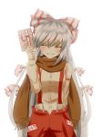  1girl blush bow closed_eyes commentary_request facing_viewer fujiwara_no_mokou gift grey_hair hair_bow highres indo_(mdtanaka2007) long_hair pants revision scarf simple_background smile solo suspenders touhou white_background 