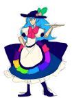 1girl abstract_cactus adapted_costume apron blue_hair bow food fruit hat hinanawi_tenshi long_skirt maid peach puffy_sleeves red_eyes sketch skirt smile touhou tray