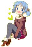 1girl 467 blue_eyes blue_hair blush hair_ornament heart jewelry naganohara_mio necklace nichijou open_mouth short_hair short_twintails simple_background skirt smile solo sweater twintails 
