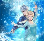  1boy 1girl bare_shoulders blonde_hair blue_eyes braid breasts crossover dress elsa_(frozen) frozen_(disney) hoodie jack_frost_(rise_of_the_guardians) lips momori rise_of_the_guardians silver_hair snowflakes staff white_hair 