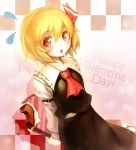  1girl ascot biting blonde_hair blush checkered checkered_background chocolate hair_ribbon juliet_sleeves long_sleeves looking_at_viewer open_mouth pink_background puffy_sleeves red_eyes ribbon rumia shirt short_hair simple_background skirt skirt_set solo spark621 text touhou valentine vest white_shirt 