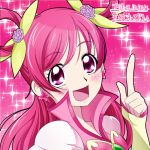  1girl :d character_name cure_dream earrings fingerless_gloves flower gloves hair_flower hair_ornament hair_ribbon hair_rings index_finger_raised jewelry long_hair magical_girl open_mouth pink_background pink_eyes pink_hair precure ribbon smile solo yes!_precure_5 yes!_precure_5_gogo! yoshimune yumehara_nozomi 