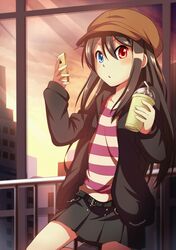  bellezza_felutia belt black_hair blue_eyes cellphone chain cup felutiahime heterochromia highres hood iphone long_hair phone red_eyes shirt skirt smartphone trap 