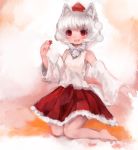  1girl animal_ears barefoot detached_sleeves fang fur_trim gradient gradient_background hat inubashiri_momiji kneeling leaf looking_at_viewer maccha_cocoa maple_leaf open_mouth outstretched_arm pom_pom_(clothes) red_eyes short_hair skirt solo tokin_hat touhou white_hair wolf_ears 