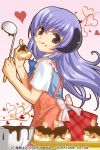  1girl :q apron chocolate cream_puff food food_on_face grey_eyes hanyuu heart higurashi_no_naku_koro_ni horns izumi_natsuka ladle plaid plaid_skirt purple_hair skirt tongue valentine 