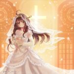  1girl bare_shoulders bouquet breasts bridal_veil bride brown_hair church cross dress elbow_gloves flower gloves hairband headgear highres indoors kantai_collection kongou_(kantai_collection) long_hair personification smile solo veil wedding_dress white_s 
