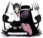  1girl black_eyes black_hair creature fork highres horns kage_shoujo morina_nao open_mouth original school_uniform serafuku short_hair skirt teeth thighhighs tongue tongue_out white_background zettai_ryouiki 