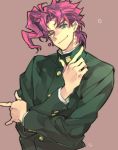  1boy earrings gakuran green_eyes jewelry jojo_no_kimyou_na_bouken kakyouin_noriaki pink_hair pointing school_uniform solo toujou_sakana wink 
