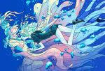 1girl 1other bubble dress eye_contact green_hair houseki_no_kuni looking_at_another maruco phosphophyllite pink_eyes pink_hair underwater ventricosus water