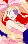  1girl angry blonde_hair bow clenched_teeth dress drill_hair earrings eyepatch hair_bow harime_nui heart jewelry kill_la_kill long_hair pink_dress saekitakaomi shoulderless_dress solo sweatdrop twin_drills twintails violet_eyes wrist_cuffs 